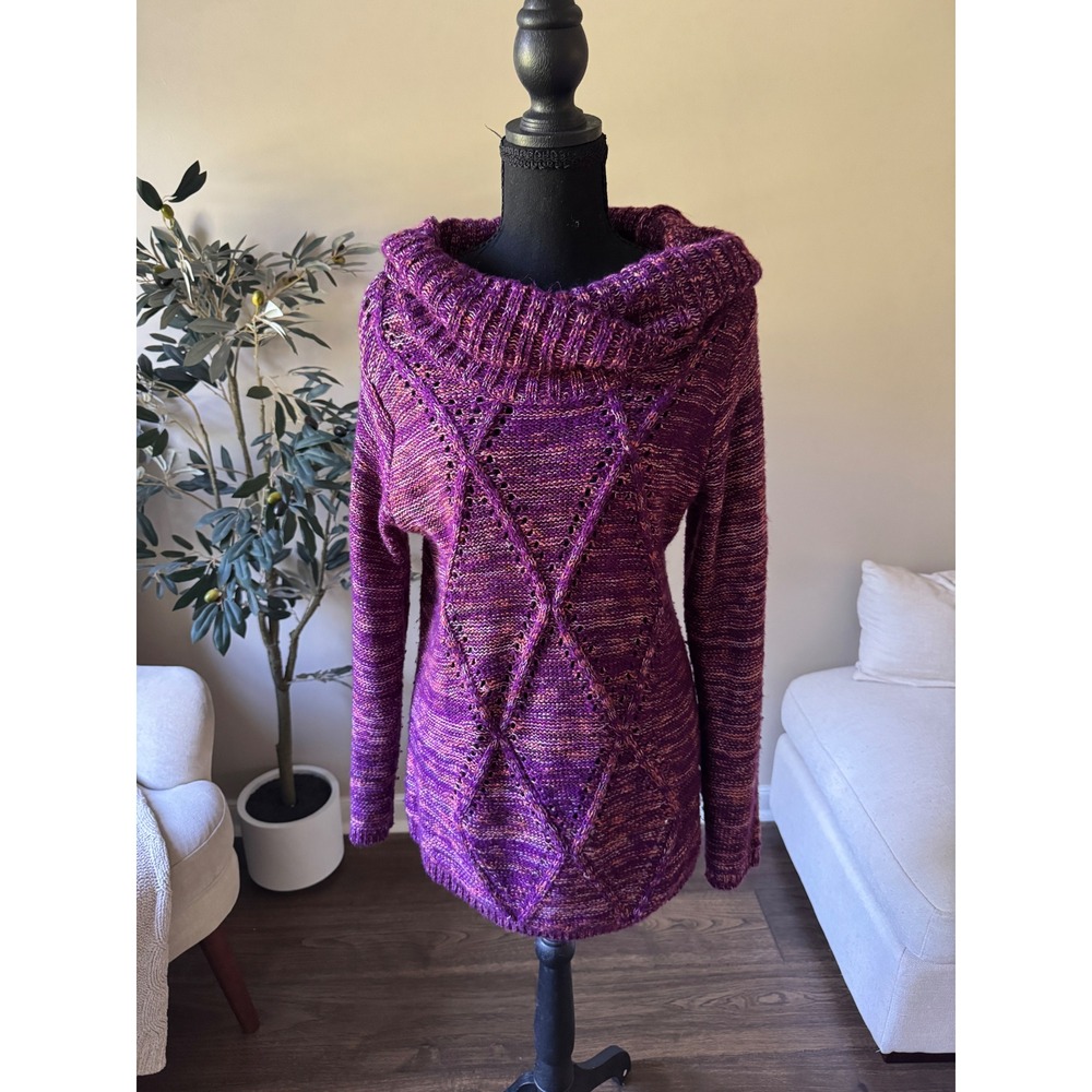 Gloria Vanderbilt Purple Space Dye Cowl Neck Diamond Knit Sweater Womens Medium